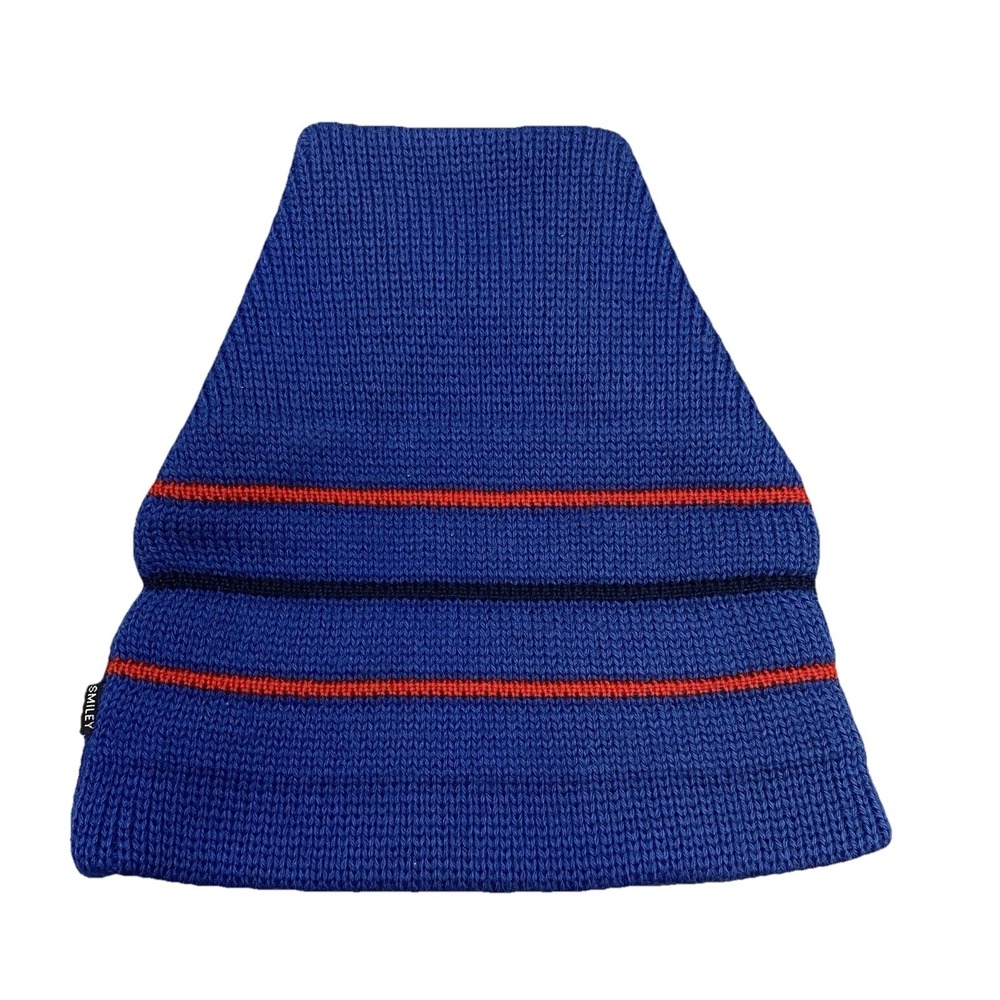 Vintage Smiley Ski Beanie 100% Wool Blue Striped‎ Knit Hat Lycra Headband USA